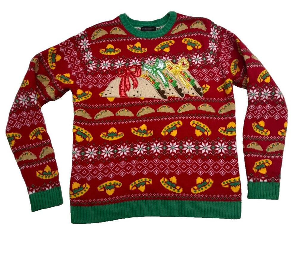 Blizzard Bay Tacos Sombrero Fiesta Mens L Ugly Christmas Sweater Long Sleeve Red